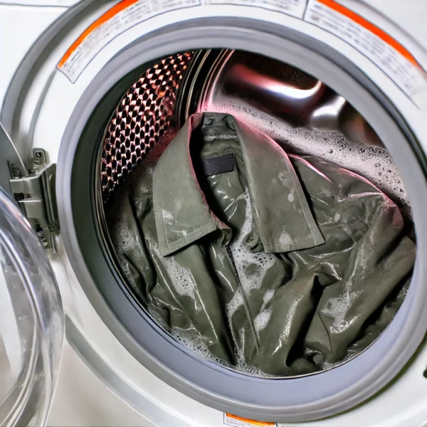 DALL·E 2024-07-29 14.43.31 - A photo of a jacket being washed. The jacket is inside a washing machine, with water and soap visible. The washing machine's door is open, showing the