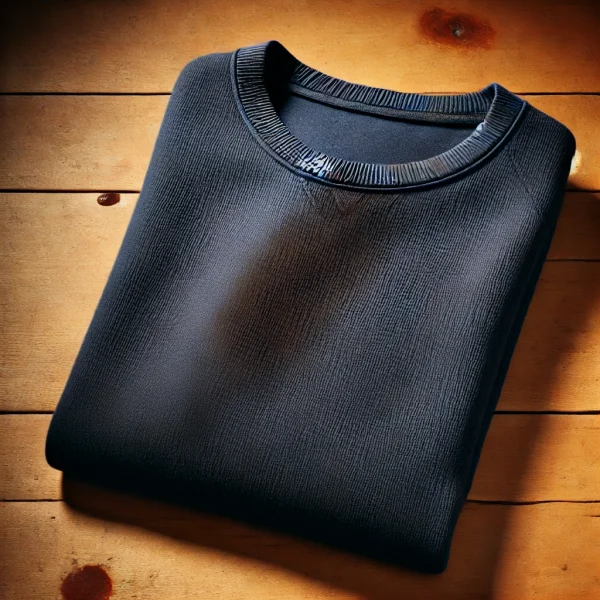 DALL·E 2024-07-30 11.33.38 - A luxurious Cashmere pullover with a visible stain on it, laid out on a wooden surface. The pullover is soft, with a smooth texture, showcasing its fi